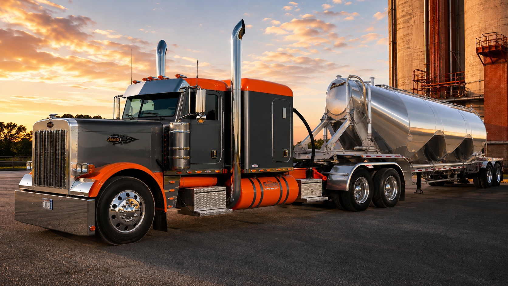 Show-quality orange and gray tractor with polished pneumatic bulk tanker trailer for bulk hauling software