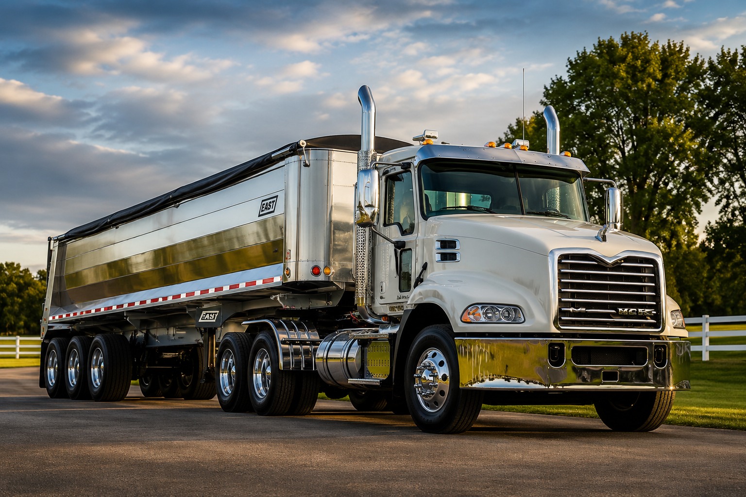Show-quality white tractor with polished aluminum end dump trailer for aggregate hauling software
